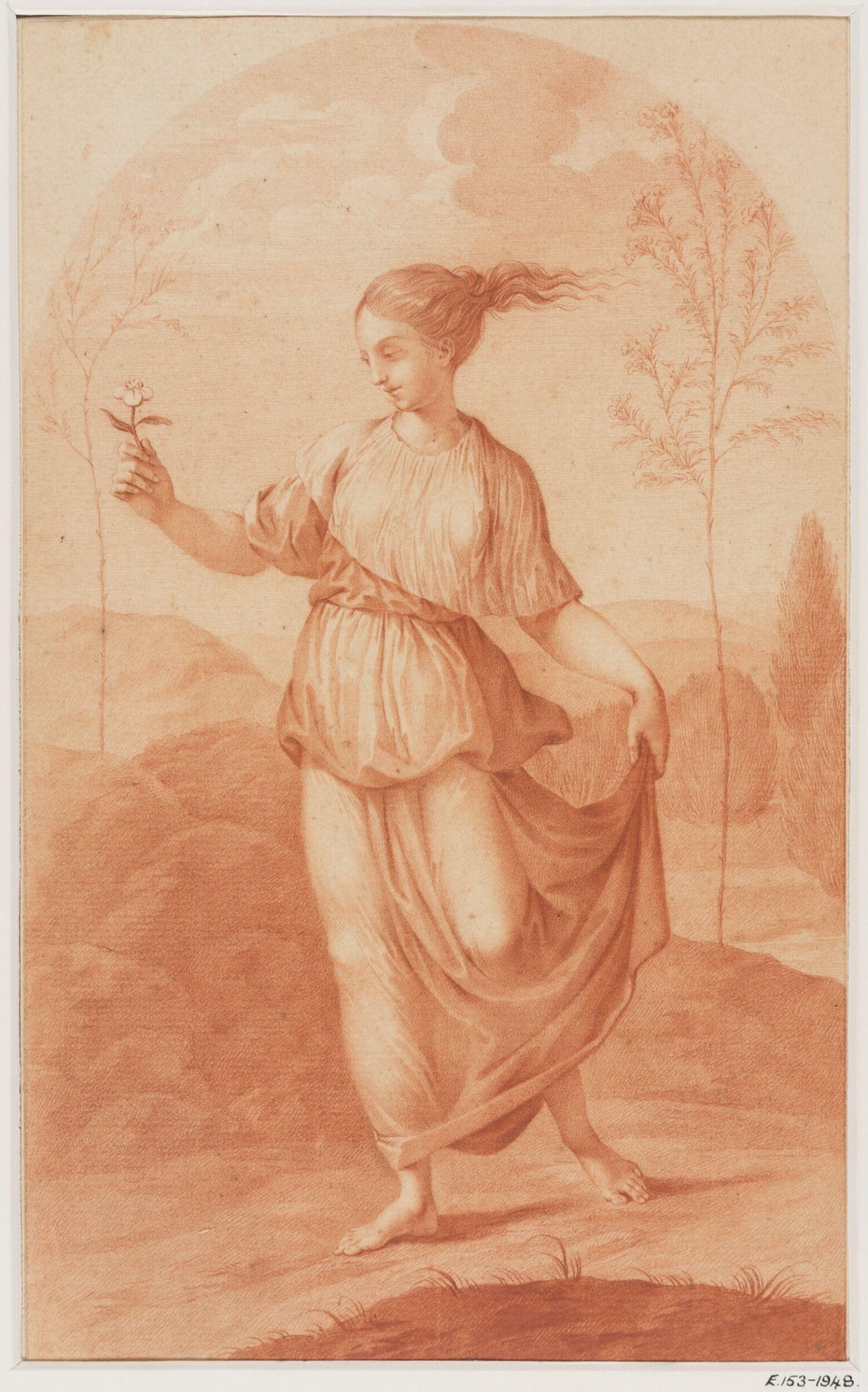 A young woman walking bare-footed in a landscape, carrying a flower in her right hand and raising her skirts from the ground with her left hand., Giovanni Battista Cipriani, 1727-1785