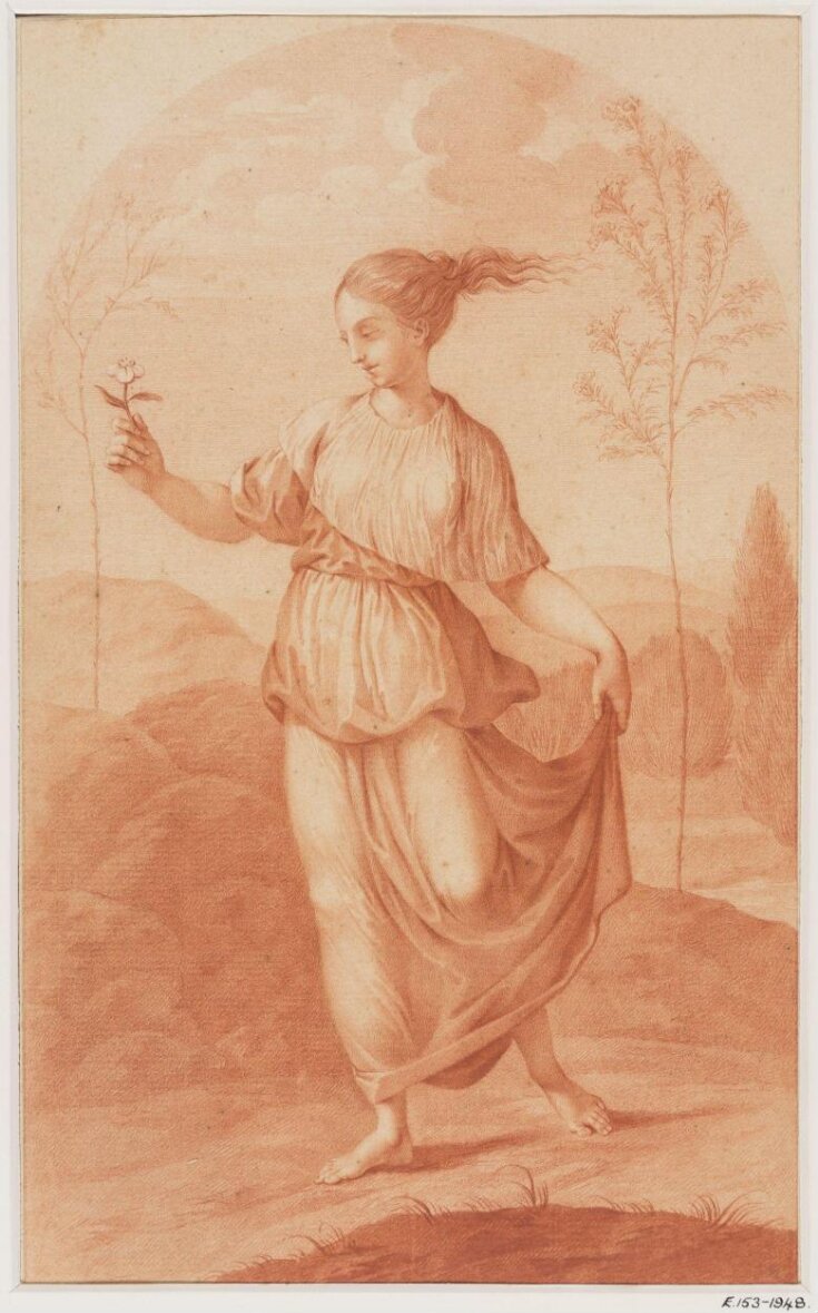 A young woman walking bare-footed in a landscape, carrying a flower in her right hand and raising her skirts from the ground with her left hand. top image