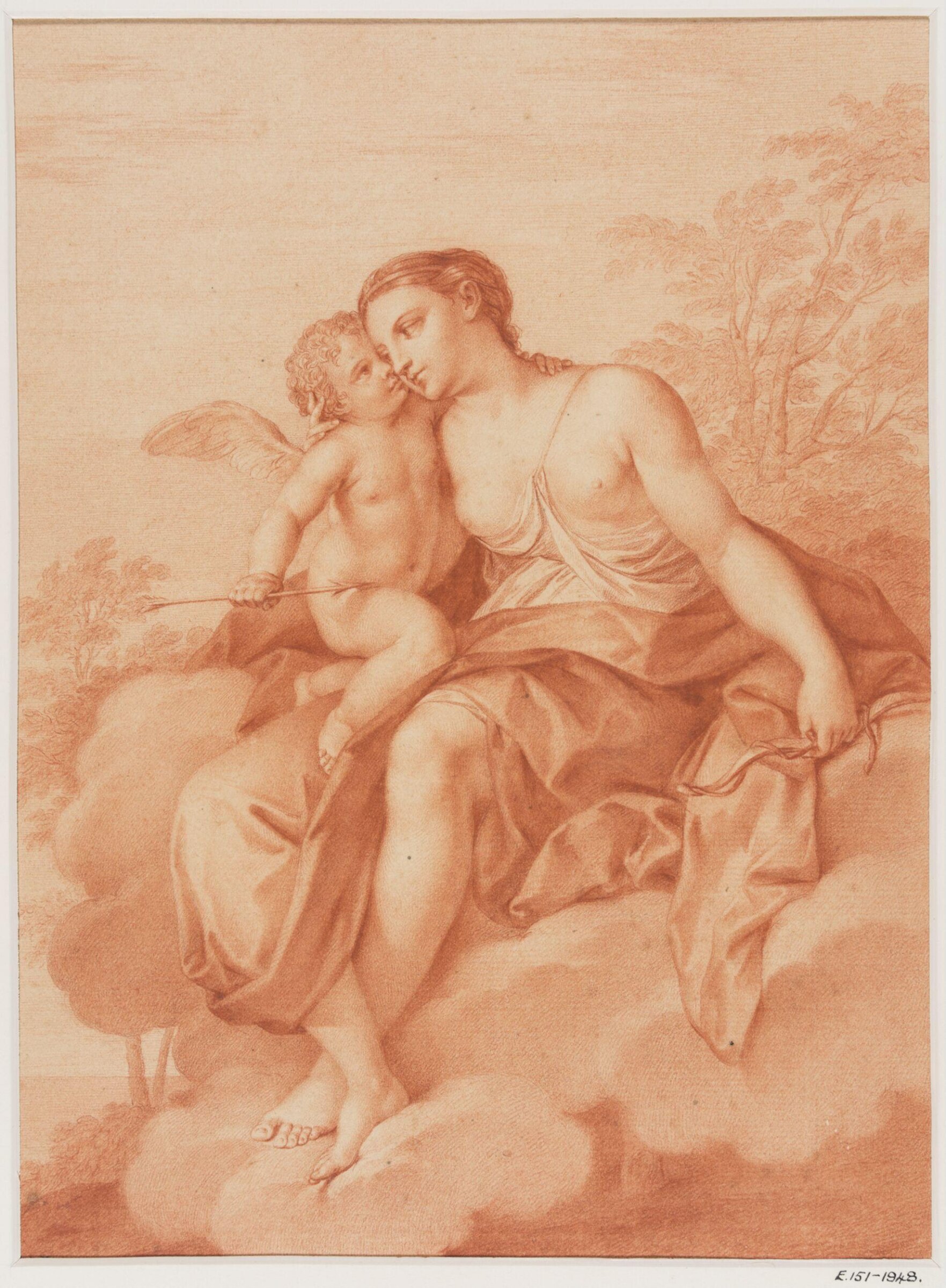 Venus reclining on a cloud, embracing Cupid and holding his bow in her left hand., Giovanni Battista Cipriani, 1727-1785