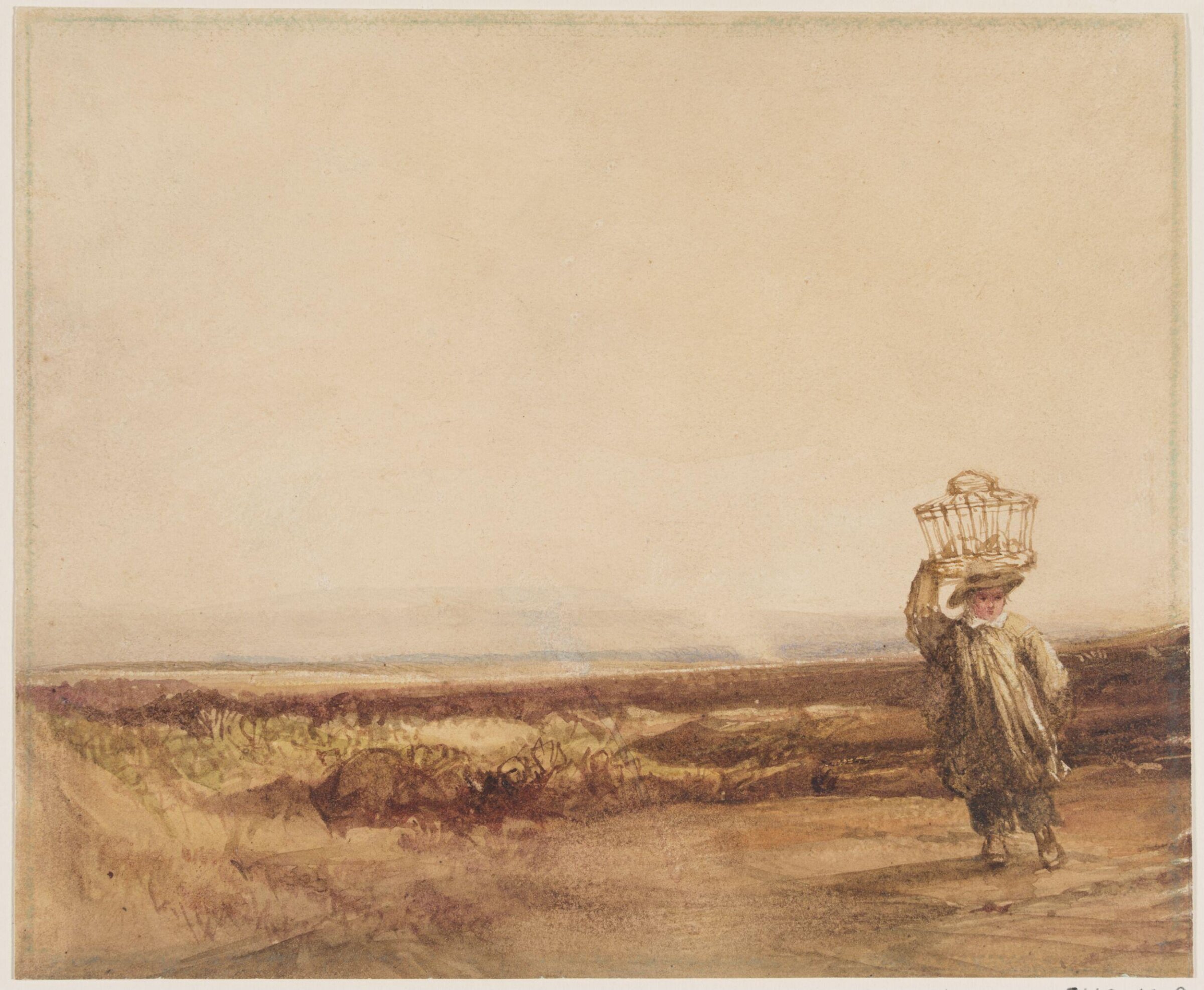 A boy carrying a basket on his head in a moorland landscape, Luke Clennell, 1781-1840