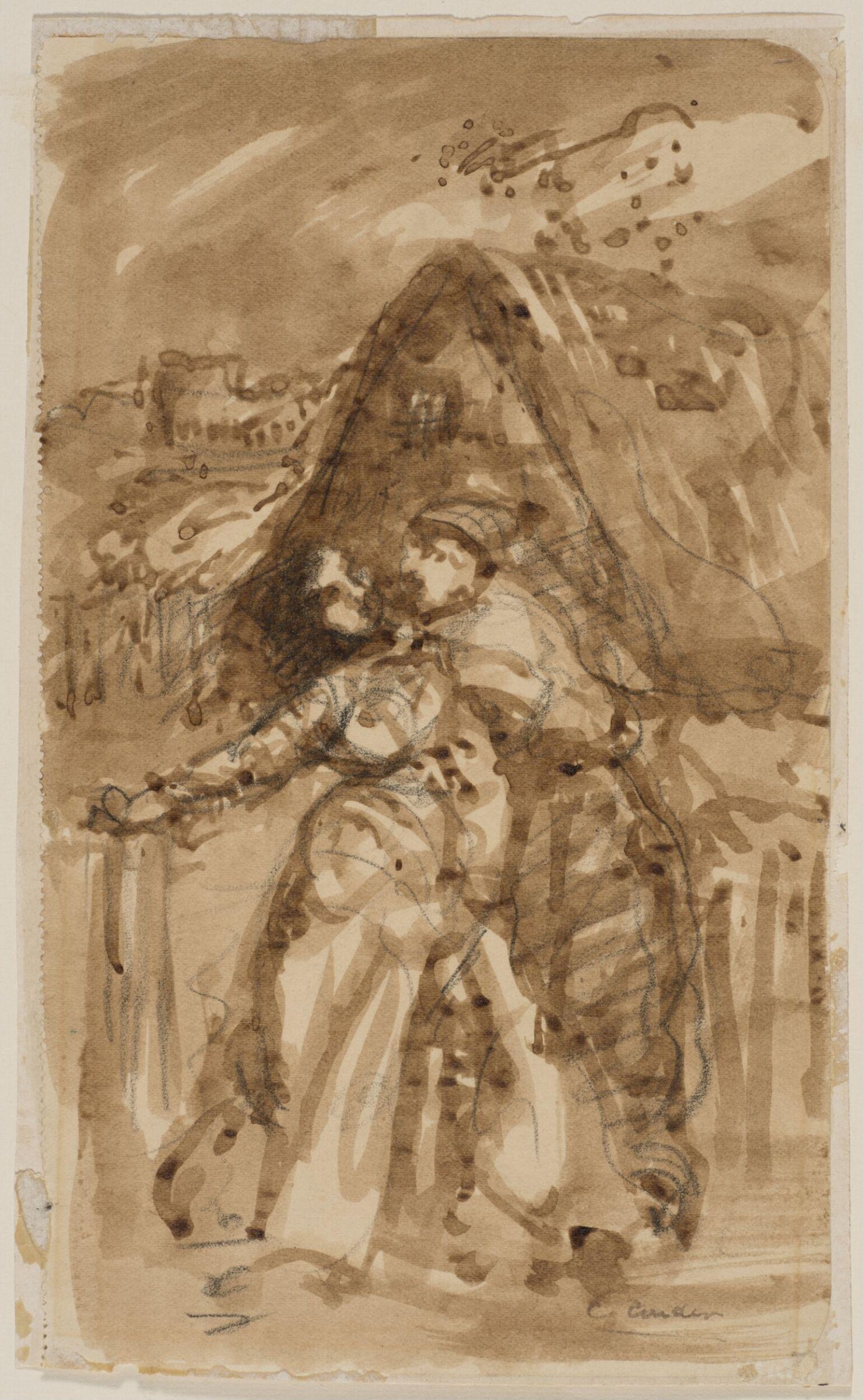 A man embracing a woman at a cottage gate, Conder, ca. 1890-1905