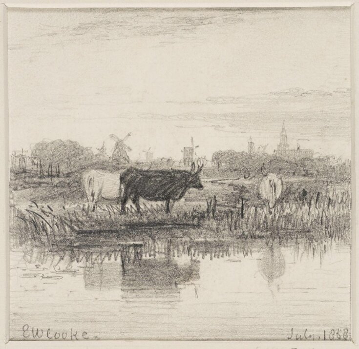 Landscape sketch : cattle at the water's edge ; windmills and church in the distance top image