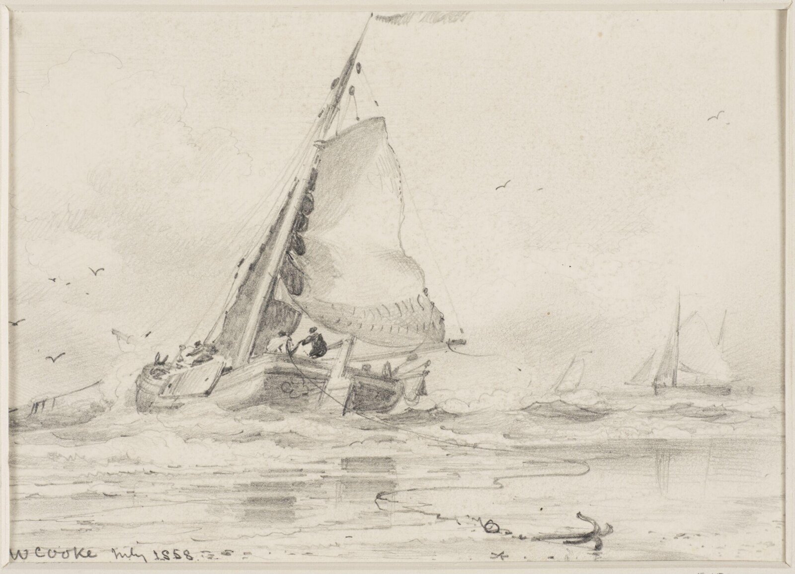 Sailing barges off shore, Edward Cooke, July 1858