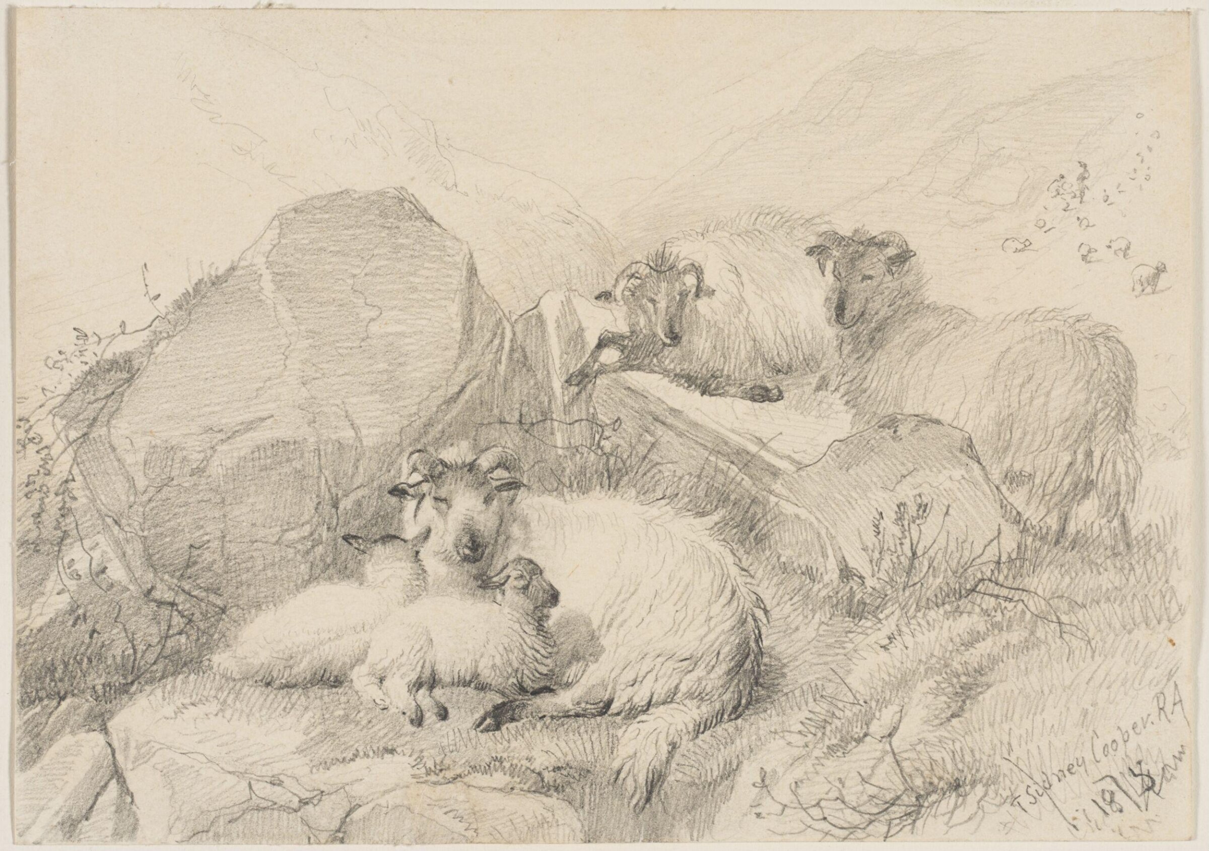 Sheep and their lambs in a mountain landscape, Thomas Sidney Cooper, 1875