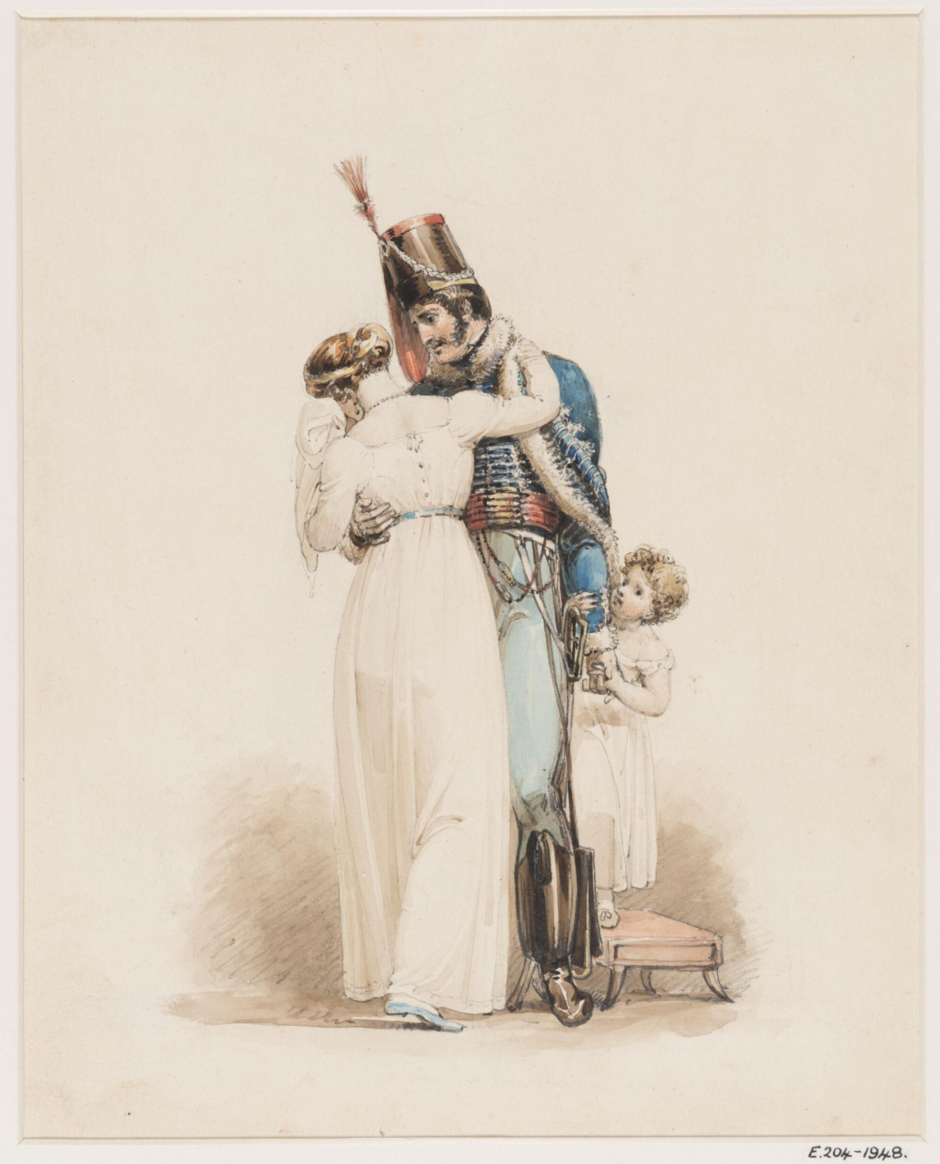 A hussar taking leave of his wife and child, and greeting them on his return, Henry Corbould, ca. 1810-1844