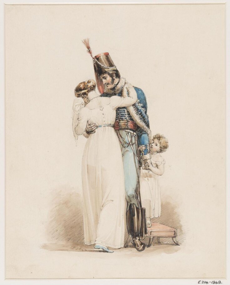A hussar taking leave of his wife and child, and greeting them on his return top image