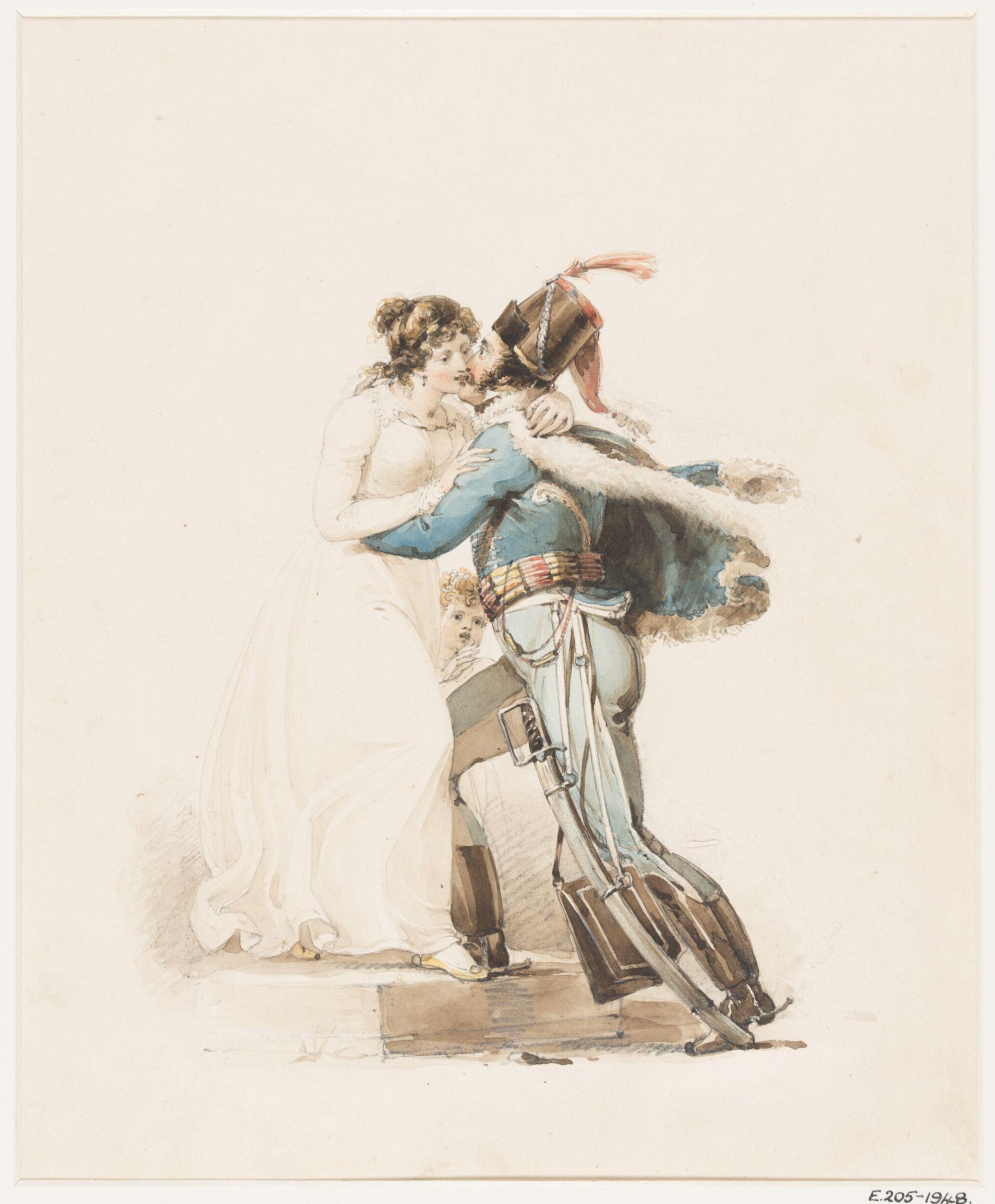 A hussar taking leave of his wife and child, and greeting them on his return, Henry Corbould, ca. 1810-1844