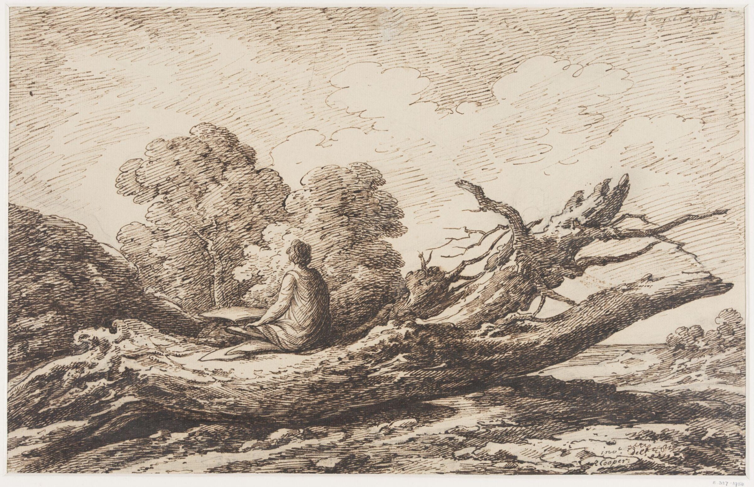 A woman seated on a fallen tree-trunk, Richard Cooper, late 18th century-early 19th century