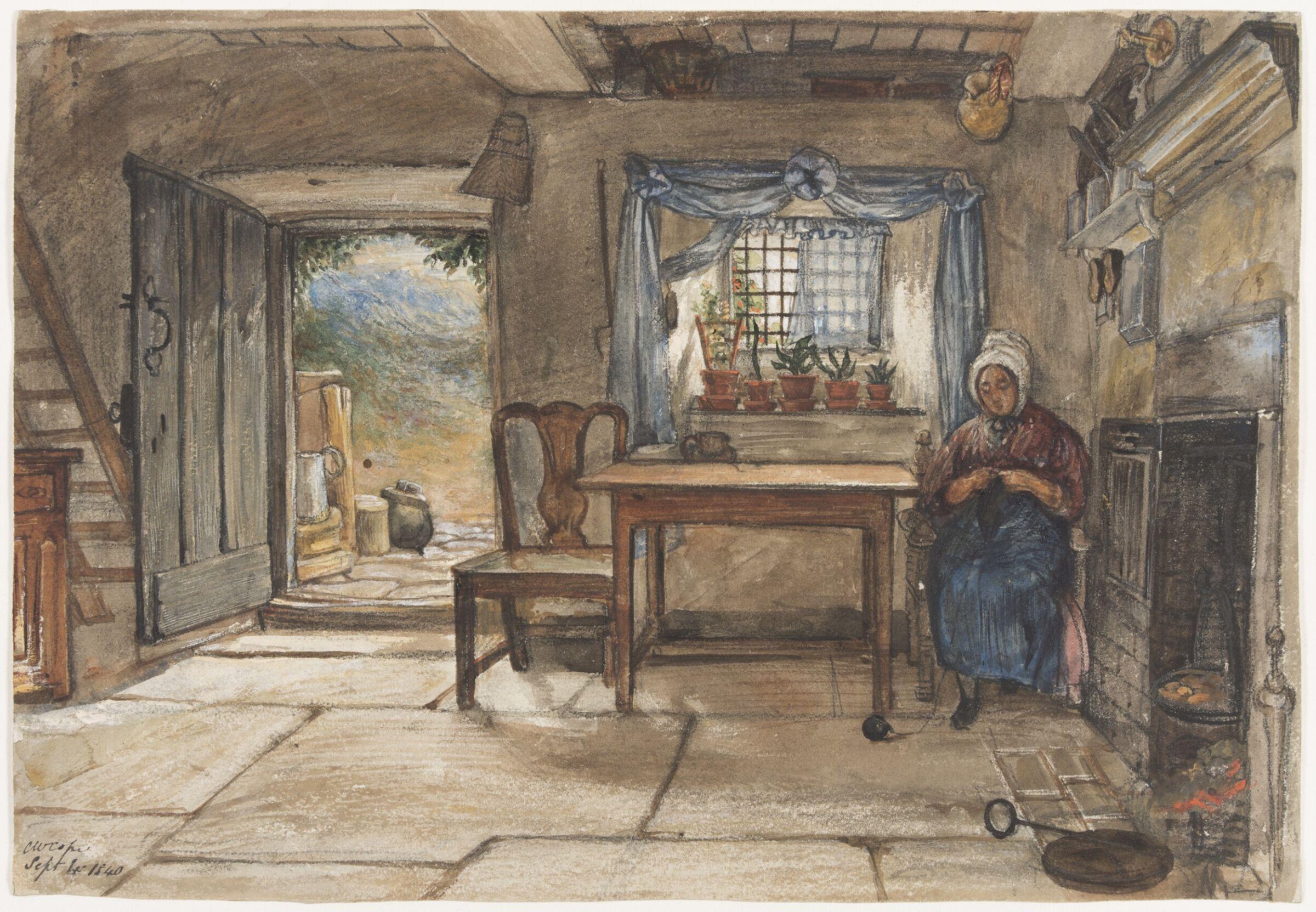 Interior of a cottage at Rievaulx, Yorkshire, Cope, 1840