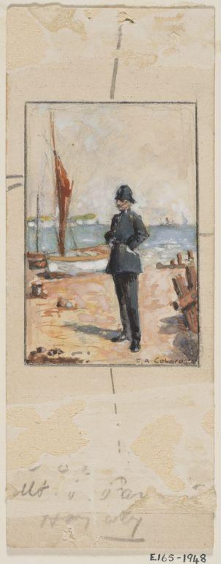 A British policeman standing beside boats on a seashore top image