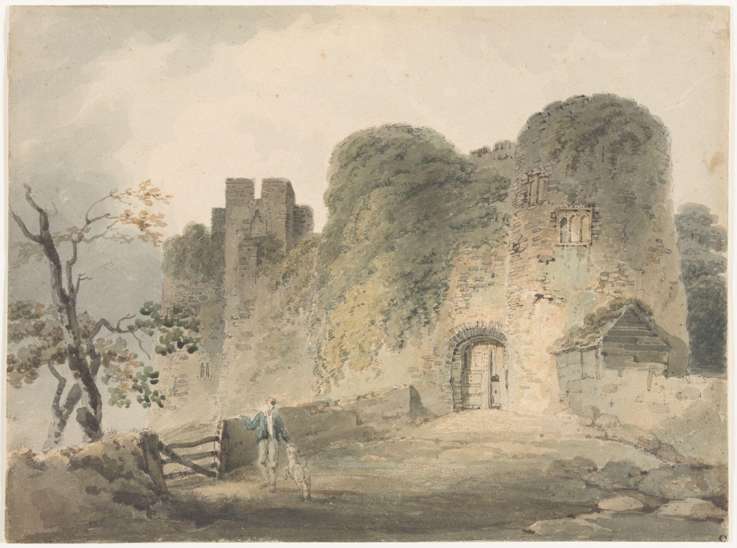 View of Carisbrooke Castle with a youth and a lamb, John Collins, c.1811