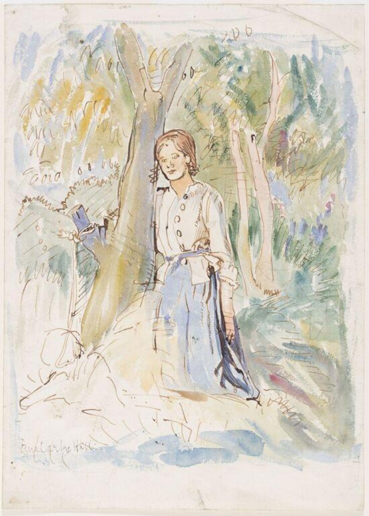 A girl in a wood leaning against a tree; a figure study top image