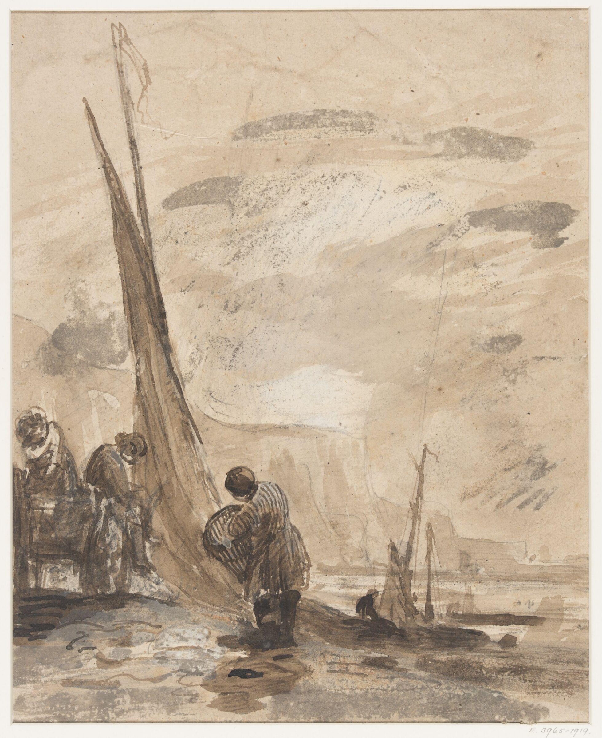 A cart with boats on the shore, near cliffs, William Collins, ca. 1810-1847