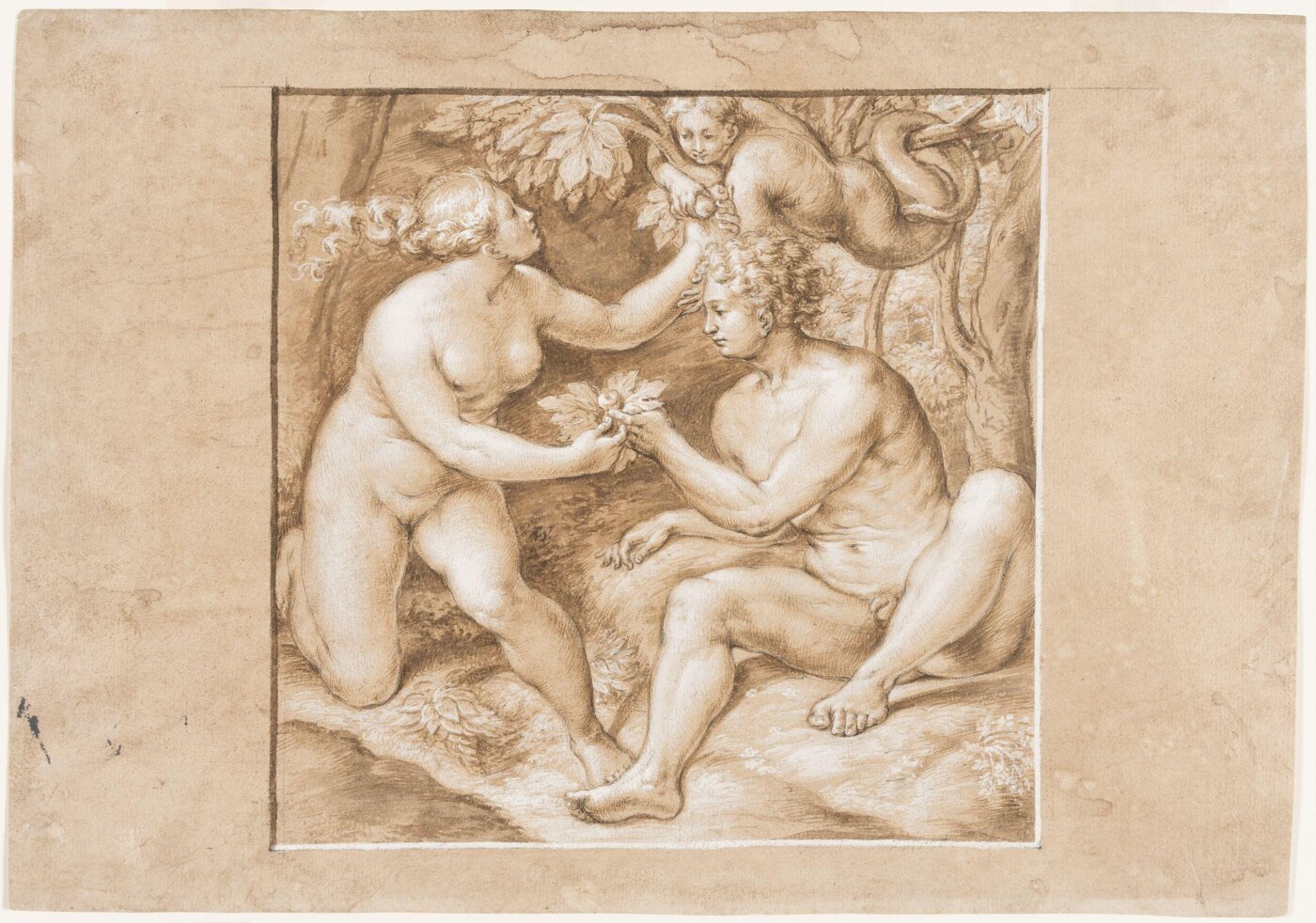 Unknown, Eve, Receiving an Apple from the Serpent, Hands Another to Adam (after Francesco Salviati)