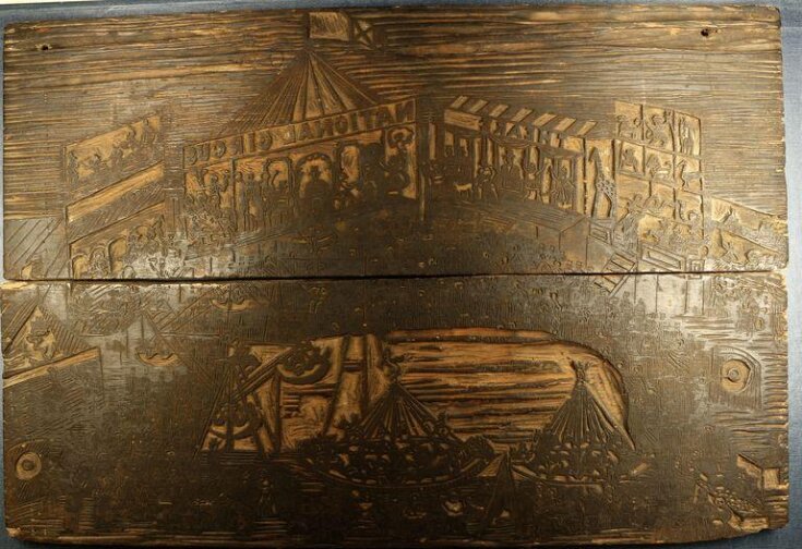 Pine woodcut planks carved with a fairground scene top image