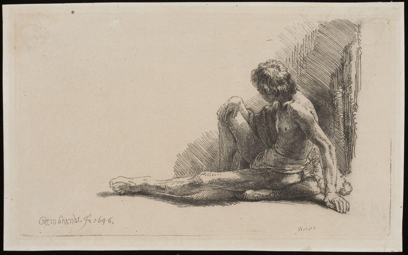 Rembrandt van Rijn, Nude man seated on the ground with one leg extended