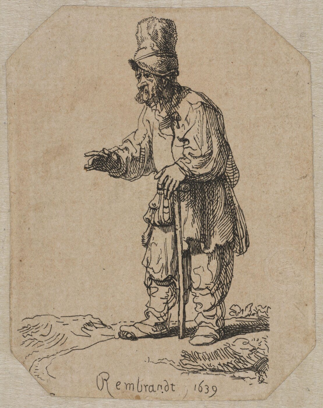 Rembrandt van Rijn, A peasant in a high cap, standing leaning on a stick