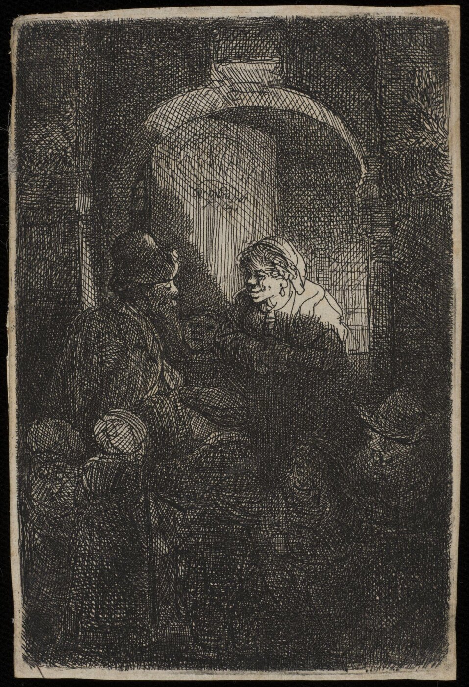 Rembrandt van Rijn, Woman at a door hatch talking to a man and children (The Schoolmaster)