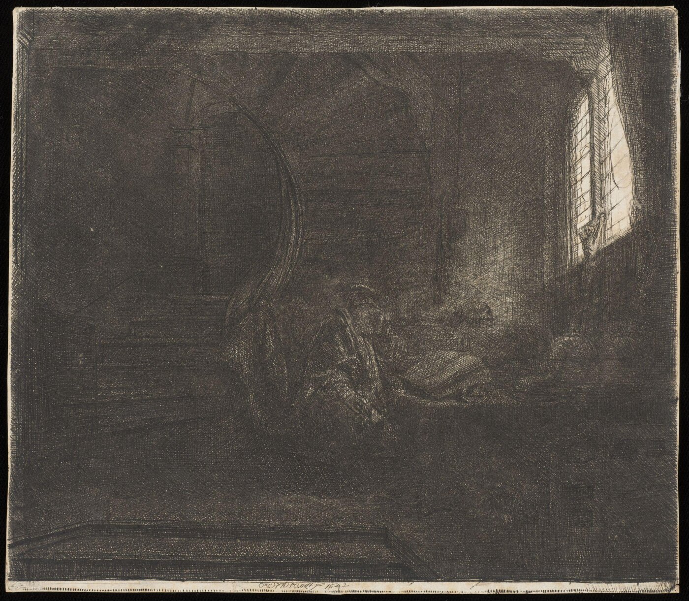 Rembrandt van Rijn, St Jerome in a dark chamber (late impression)
