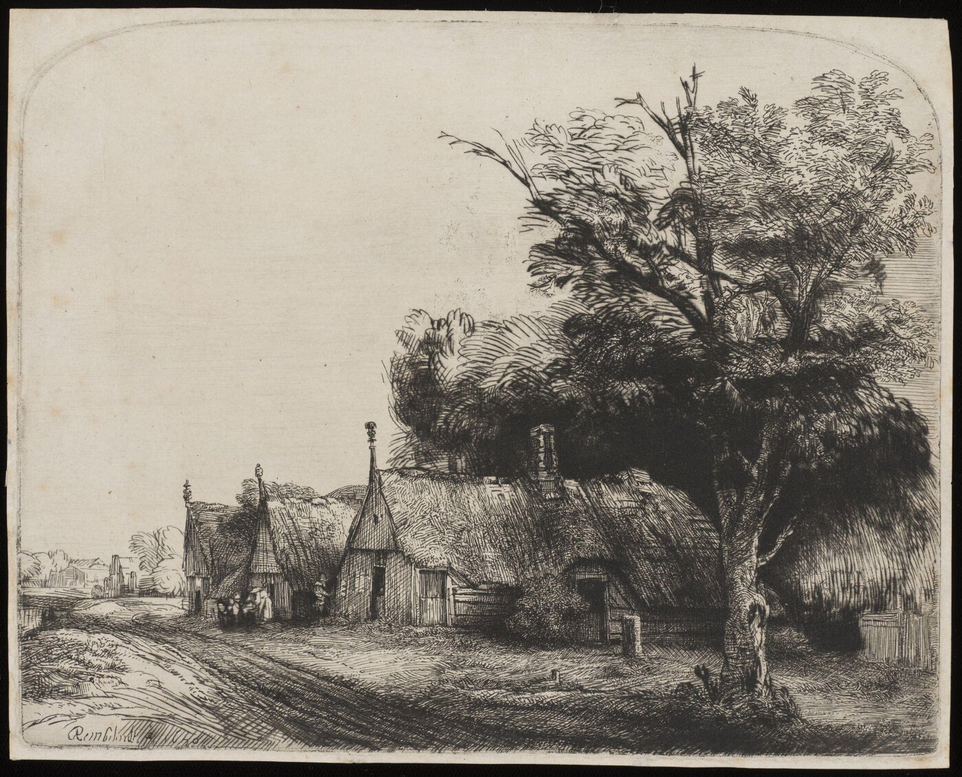 Rembrandt van Rijn, Landscape with three gabled cottages beside a road