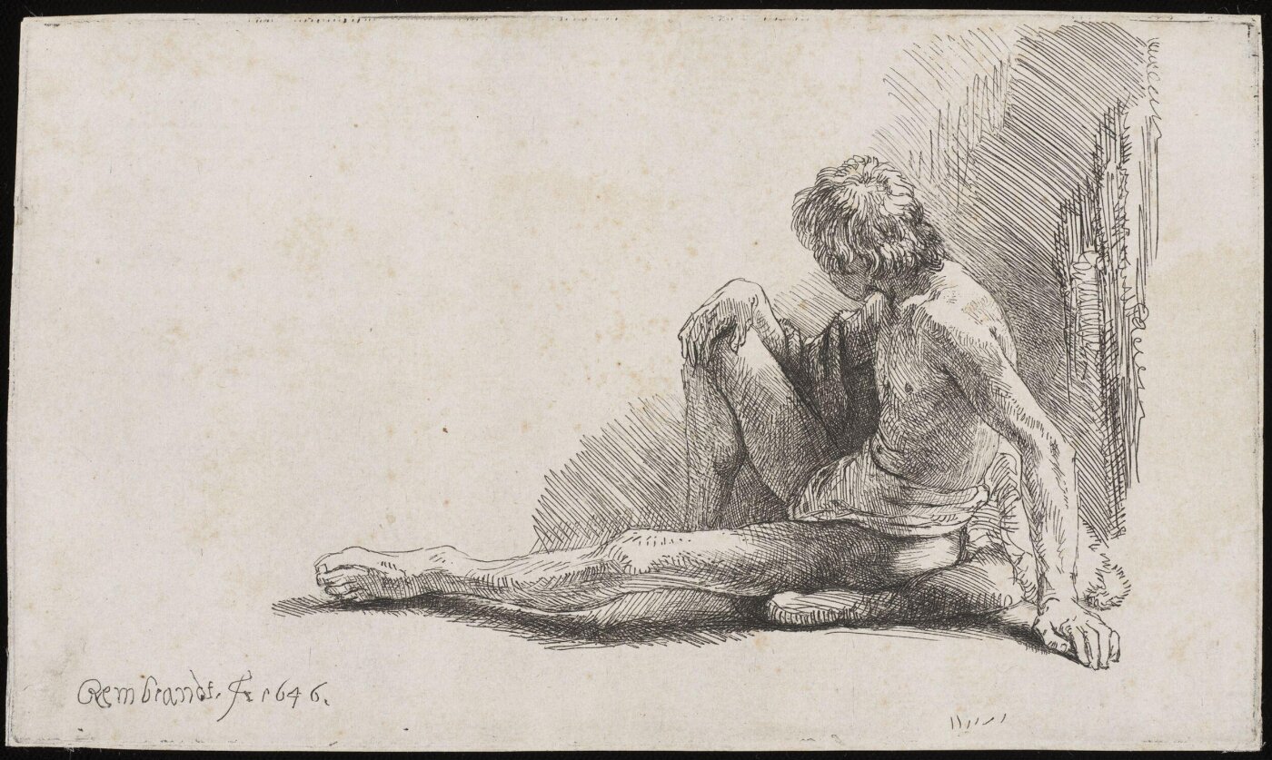 Rembrandt van Rijn, Nude man seated on the ground with one leg extended