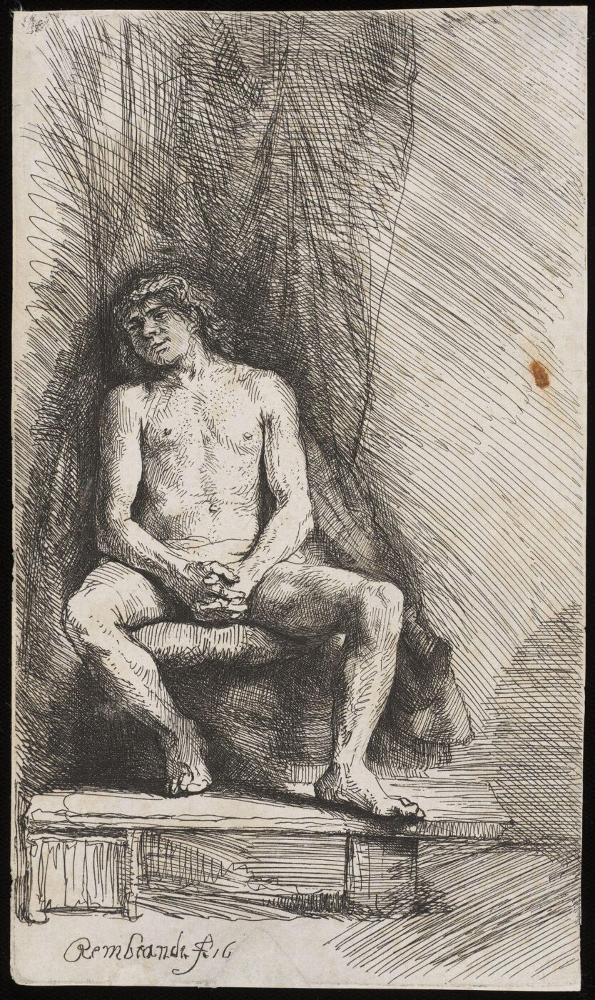 Rembrandt van Rijn, Nude man seated before a curtain