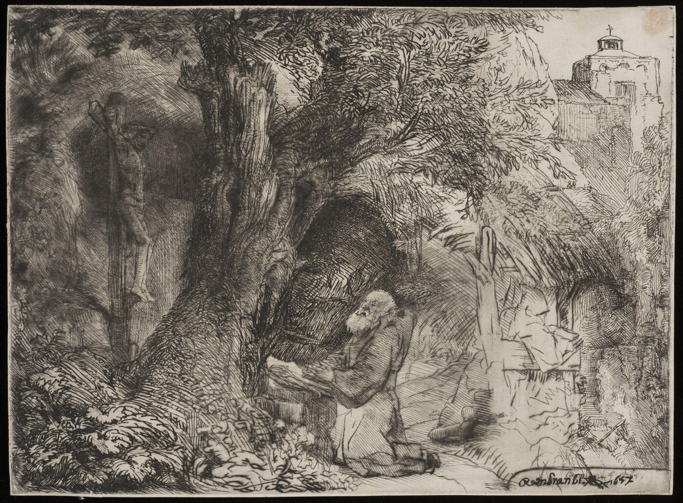 Rembrandt van Rijn, St Francis beneath a tree praying