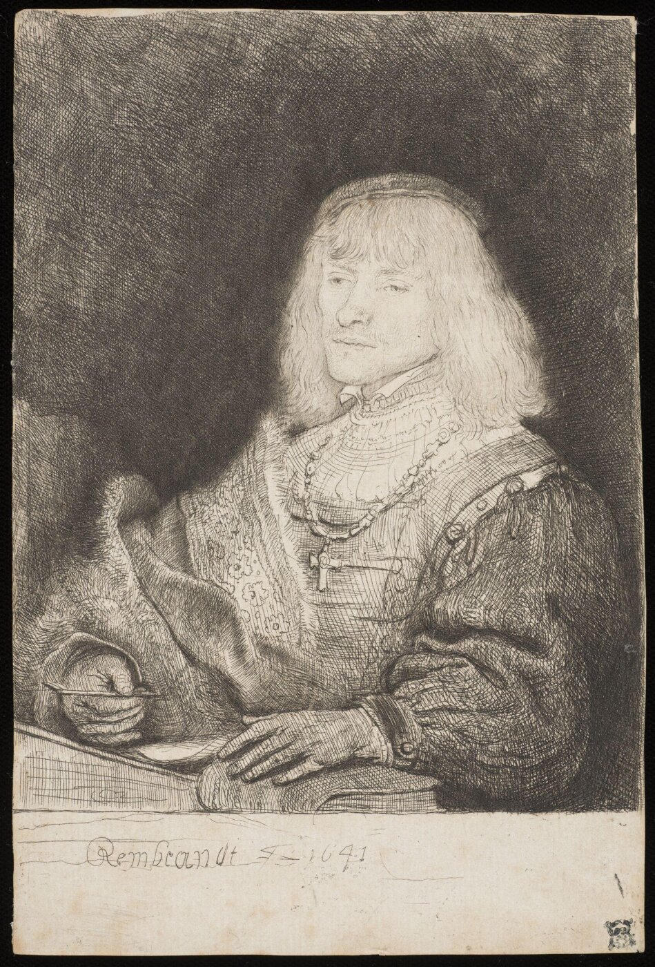 Rembrandt van Rijn, Man at a desk wearing a cross and chain
