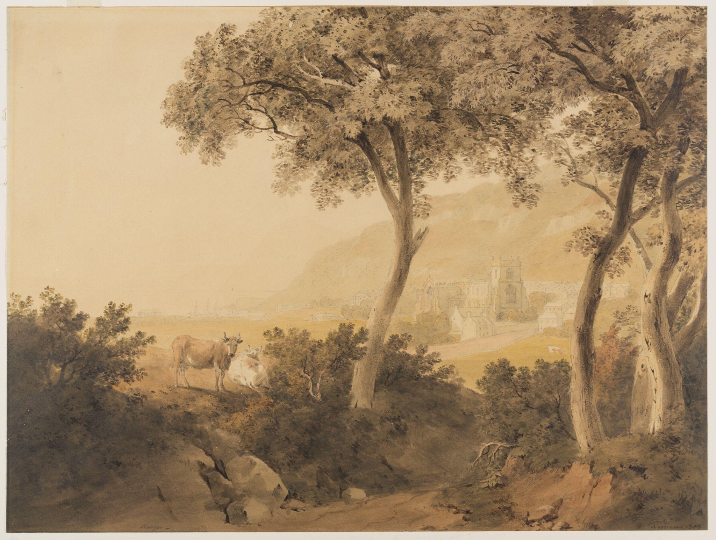 Bangor Cathedral : Penmaenmawr in the distance, Hugh William Williams, 1806