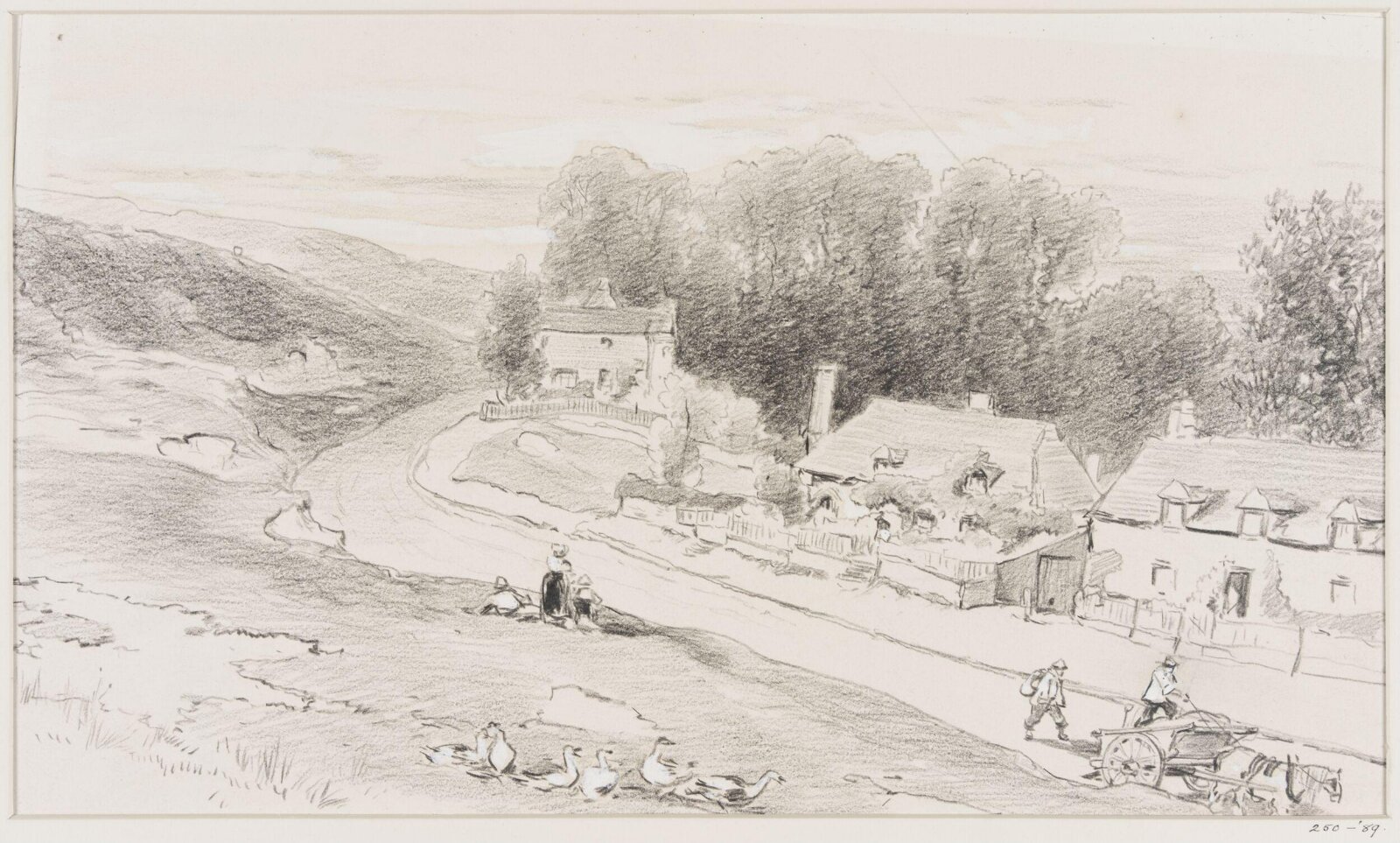 Road with cottages, carts, and geese, Beverly, 1830-80