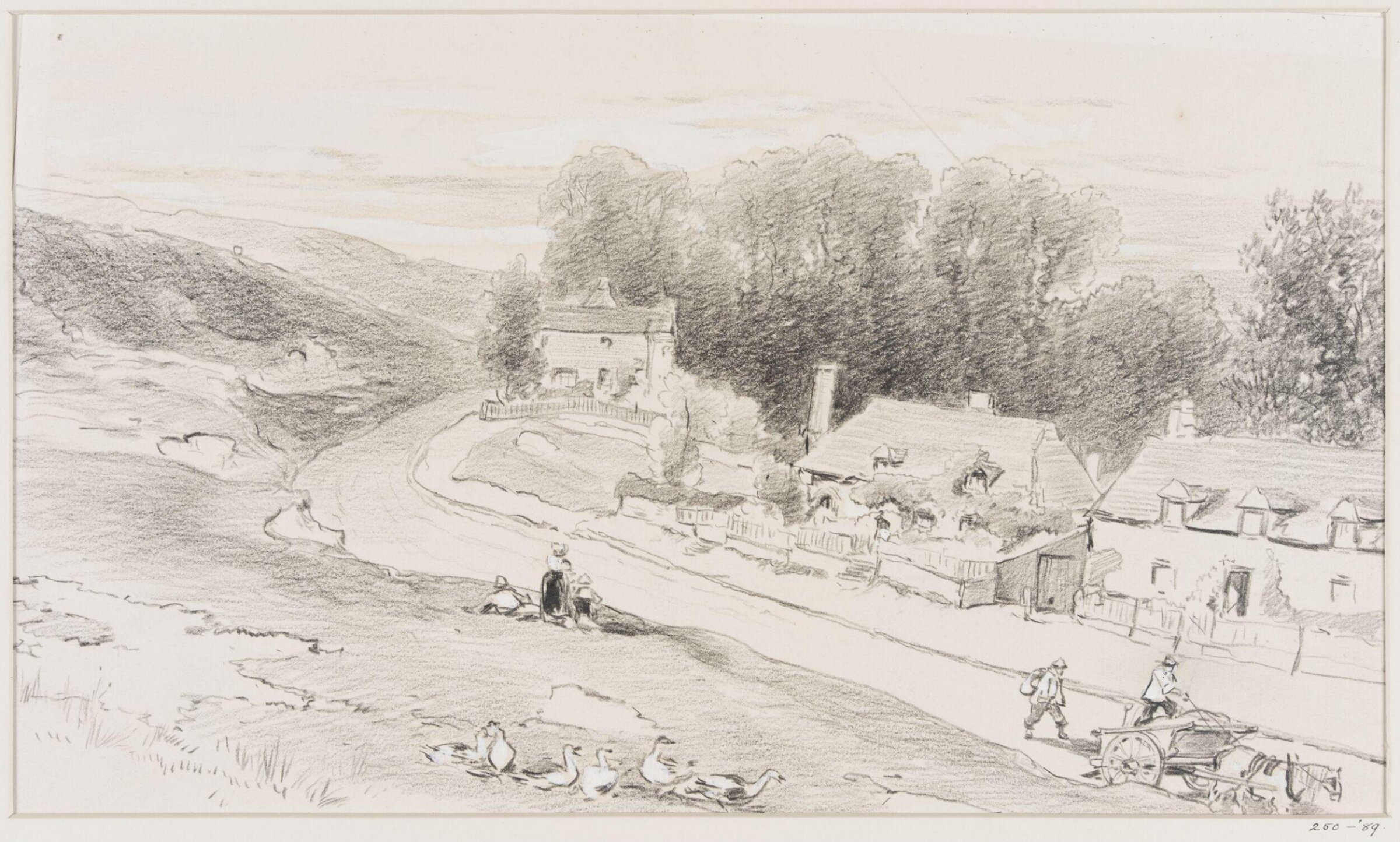 Road with cottages, carts, and geese, Beverly, 1830-80