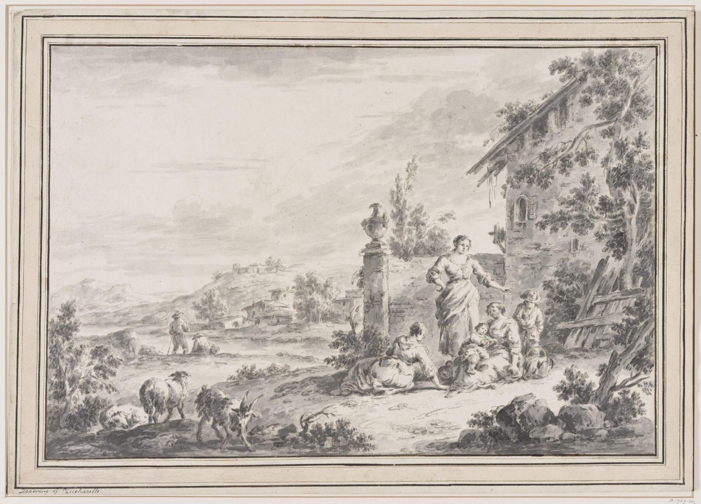 Peasant woman and children outside a cottage, Gaspare Vanvitelli, 1709-82