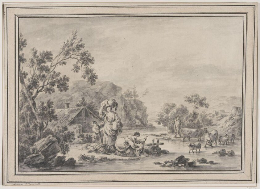 River landscape with pesant woman washing clothes (1709-1782) by Giuseppe Zais