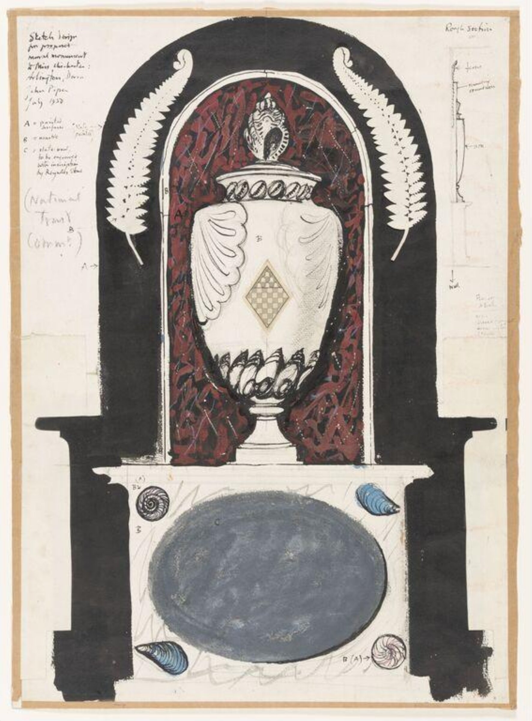 Design for a mural monument in slate and marble to Miss Rosalie Caroline Chichester (1865-1949) at St James' Church, Arlington, Devon, John Piper