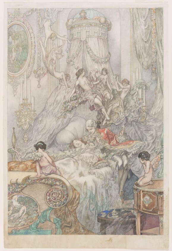 Beau leaning over a girl in bed with attendant nymphs