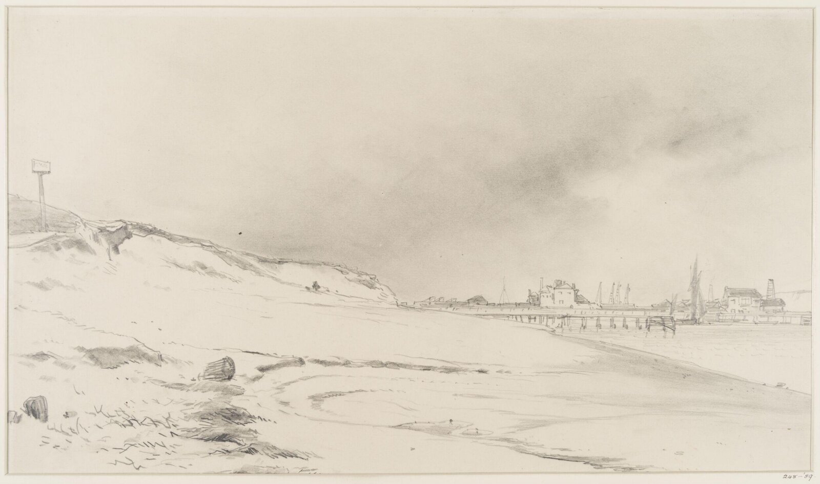 River bank with jetty and buildings, Beverly, 1830-80