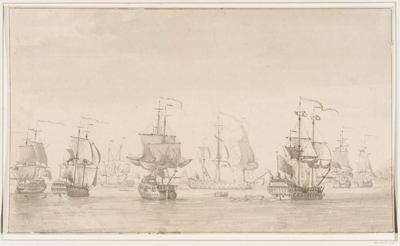 willem van de velde the younger, Fleet of man-of-war setting up sail