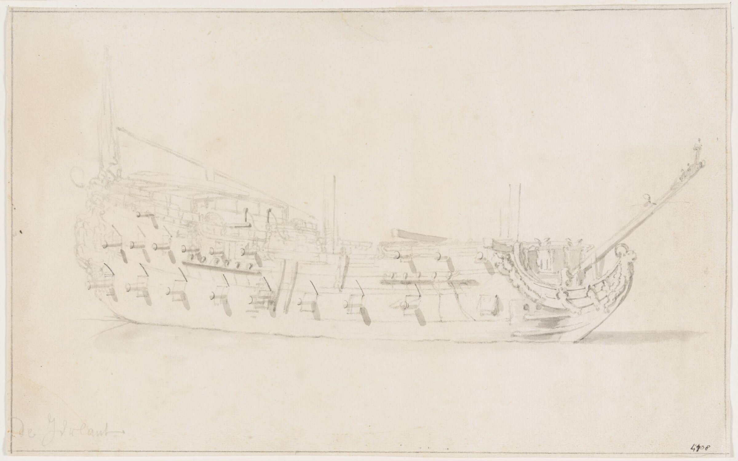 Hull of the English Ship <i>Garland</i>; Broadside View, Willem van de Velde the Elder, 17th century