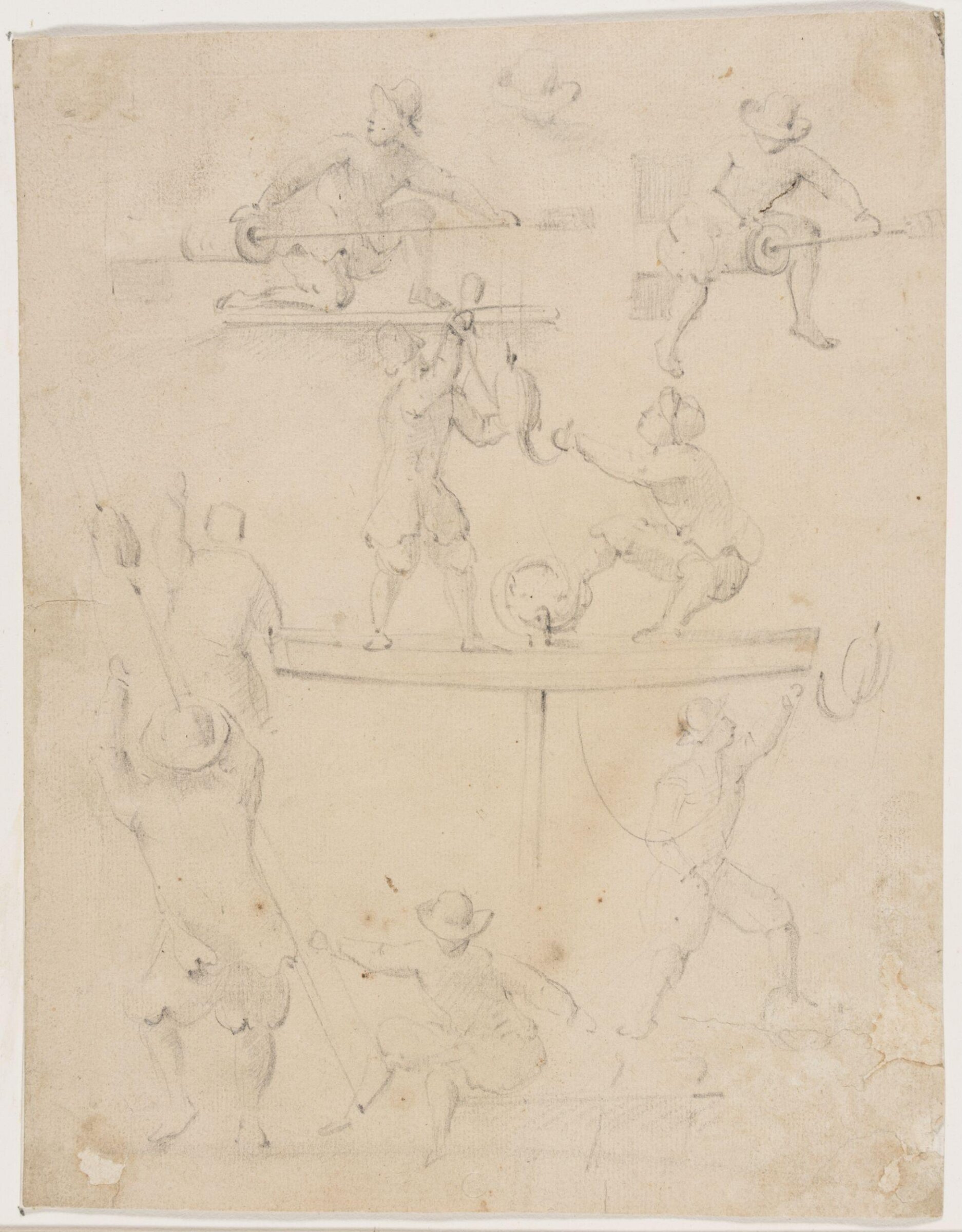 Studies of sailors loading a gun and carrying out duties on board ship, willem van de velde the elder, 17th century