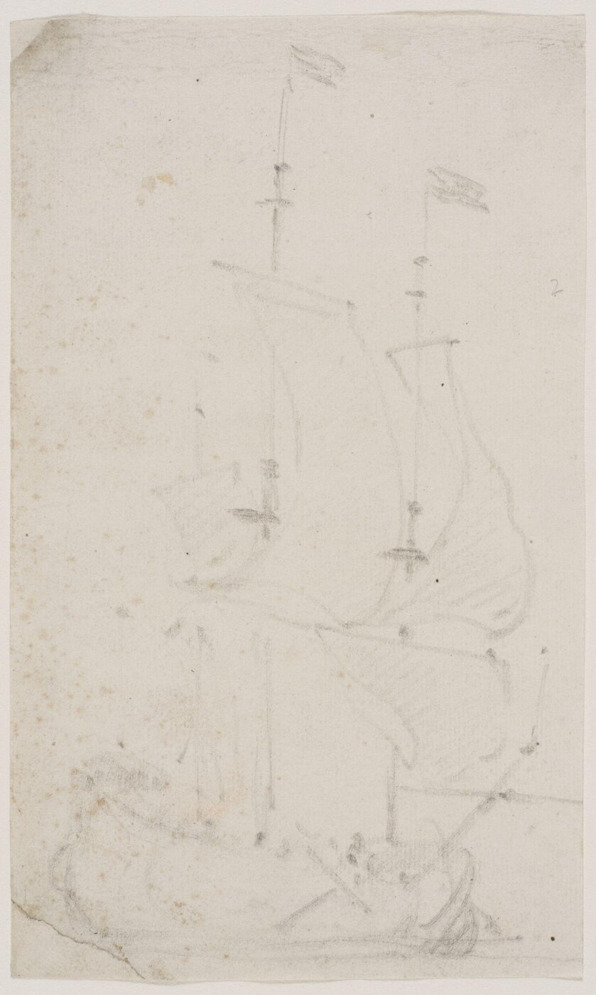 willem van de velde the younger, Rough sketch of a ship before the wind; bow view from starboard