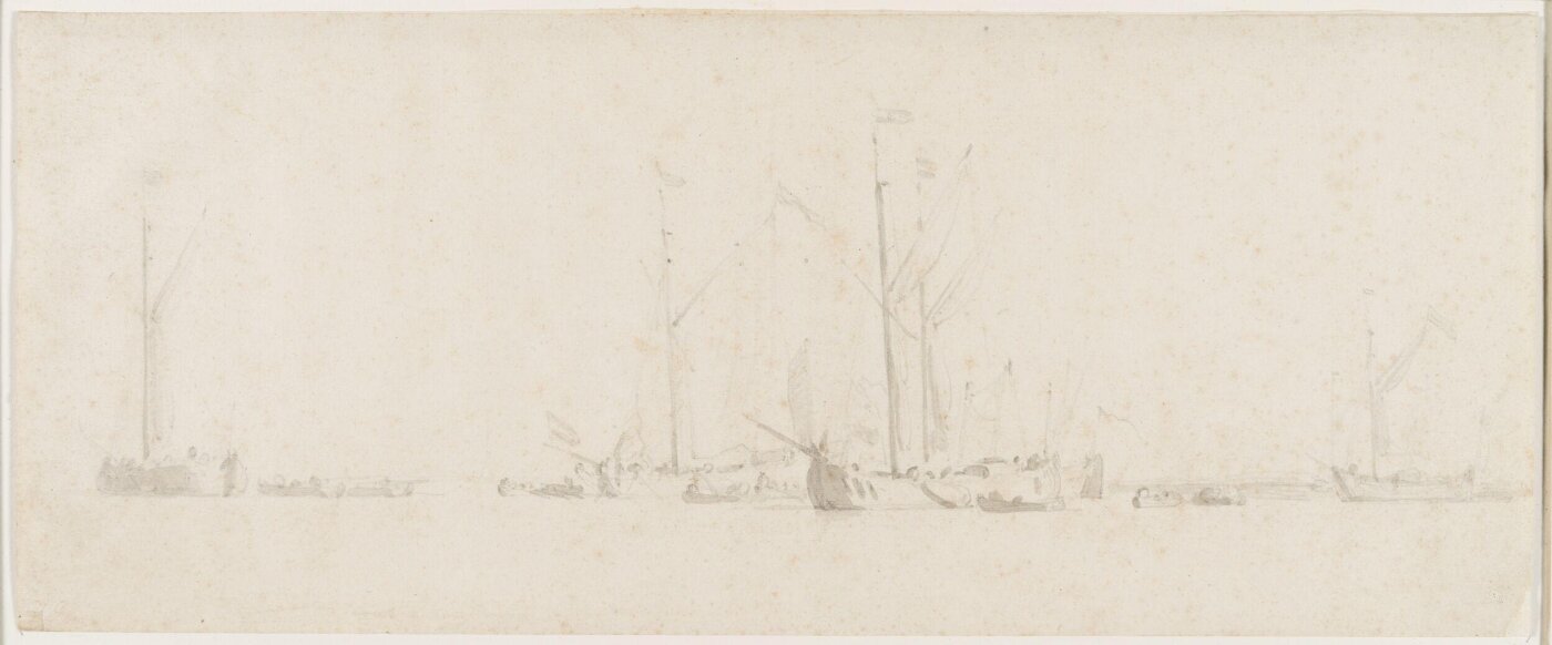 willem van de velde the younger, A Dutch yacht and other small craft at anchor