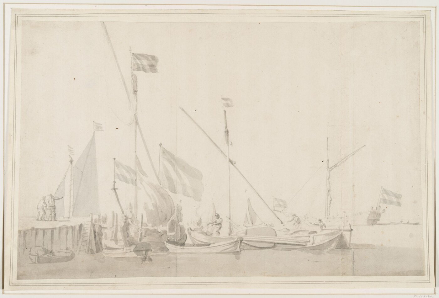 willem van de velde the younger, A Dutch Boeier yacht and a Kaag alongside a wharf, with others including a states yacht on the right