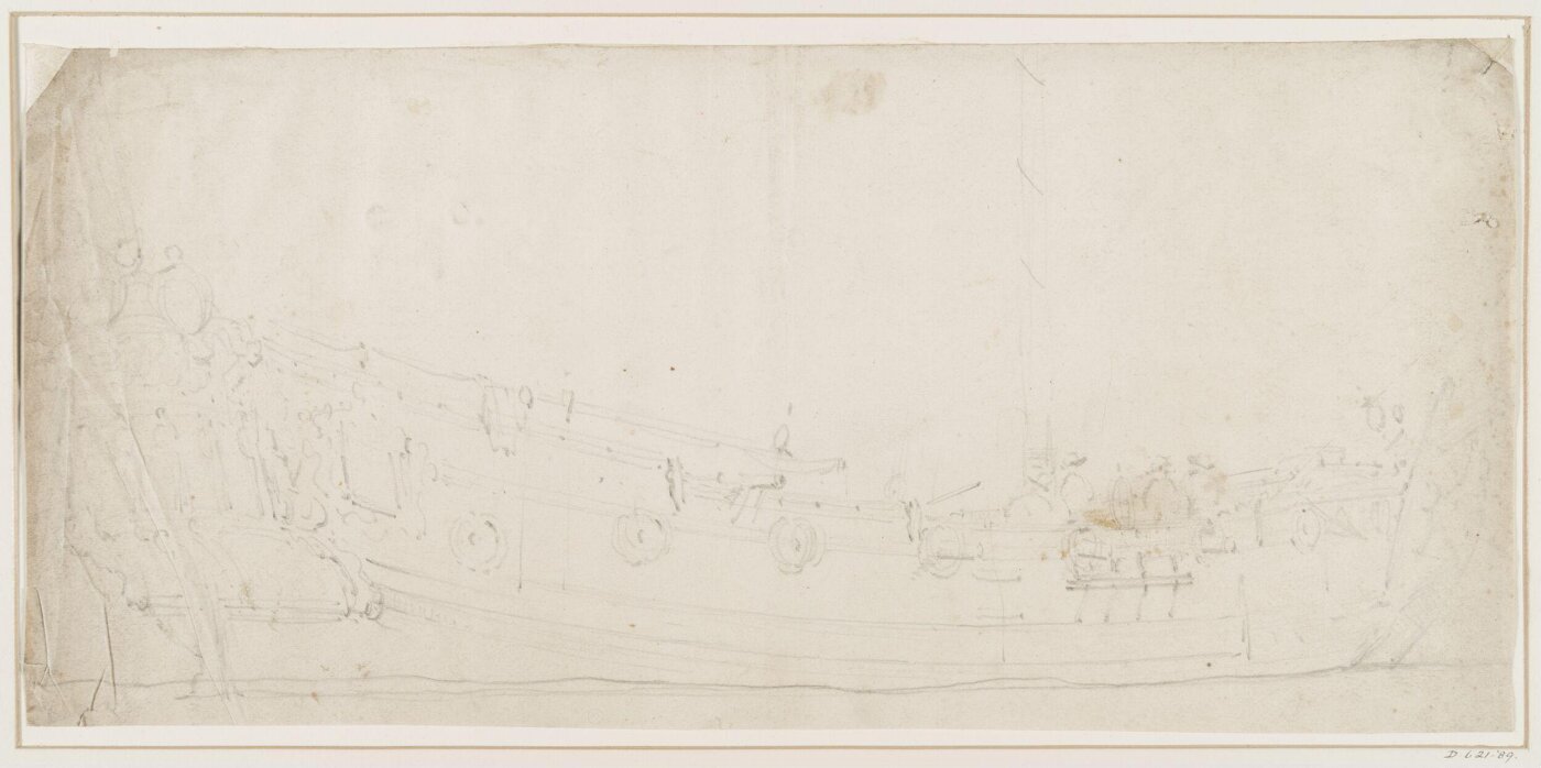 willem van de velde the younger, Hull of an English ship; broadside view