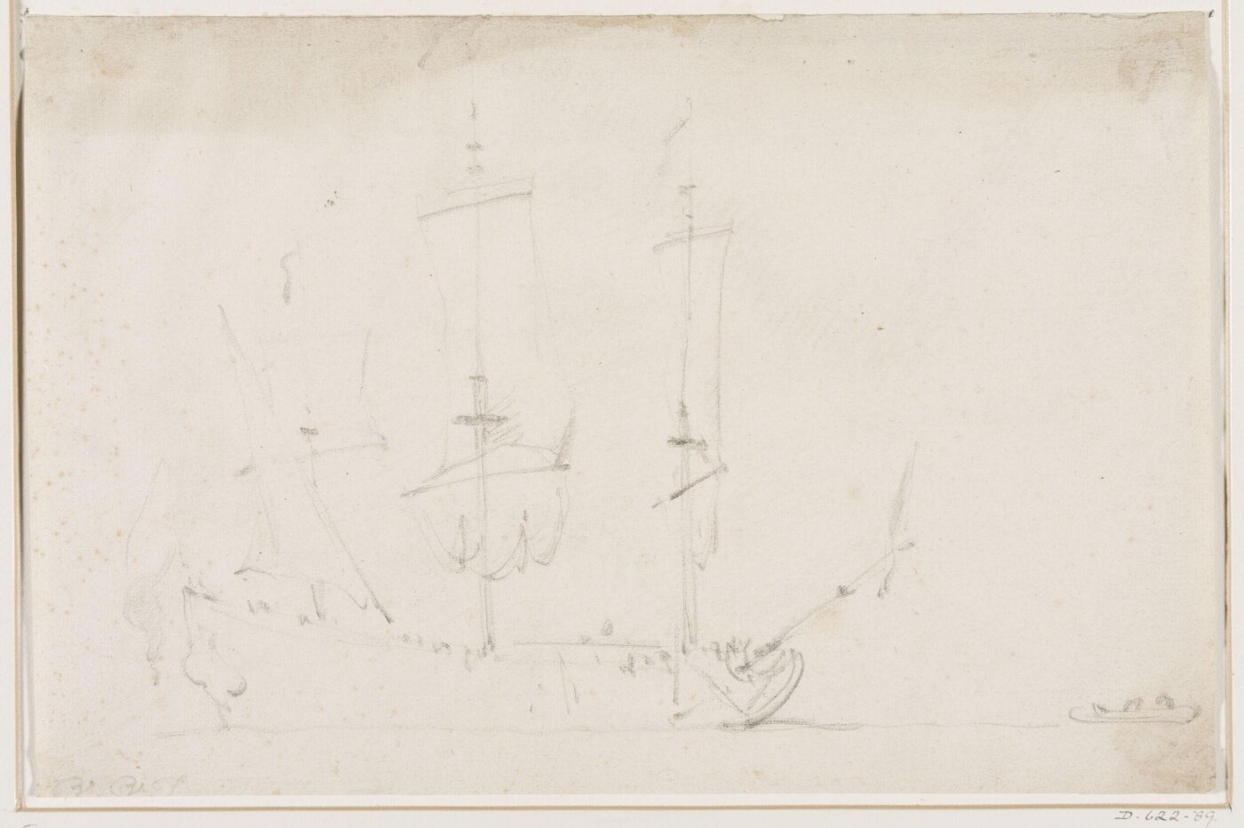 willem van de velde the younger, A ship becalmed; broadside view
