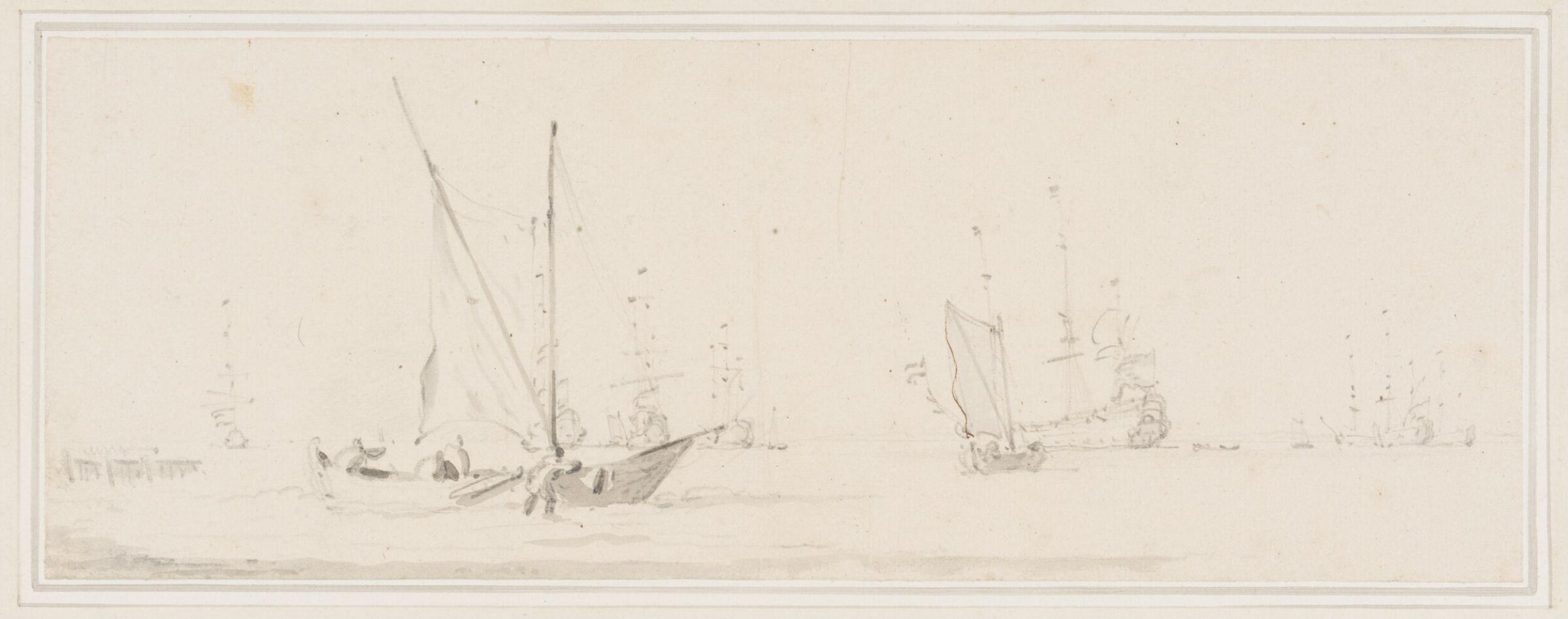 A Dutch Kaag near the shore with ships at anchor out at sea, Willem van de velde, 17th century