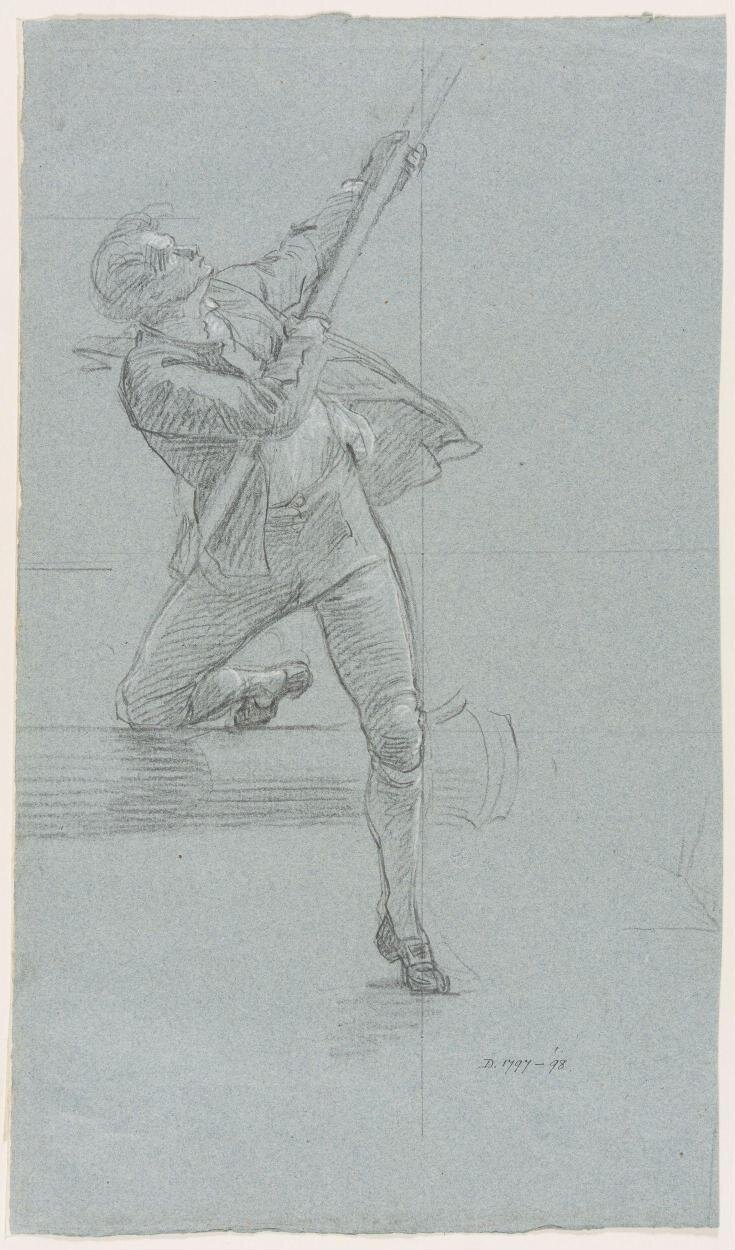 A study of a man holding a spar with his right leg on a canon top image