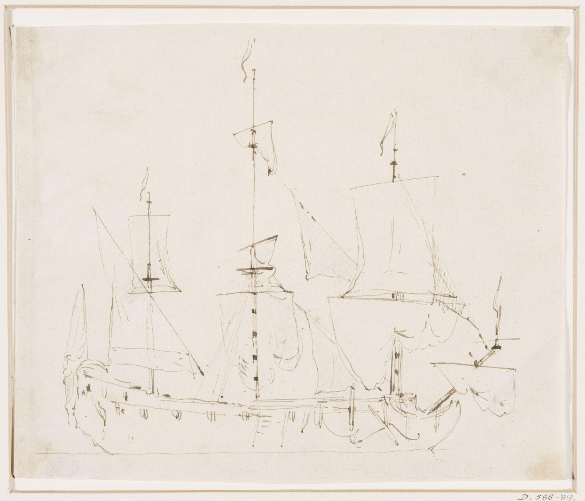 An English ship becalmed and drying sails; broadside view, willem van de velde the elder, 17th century