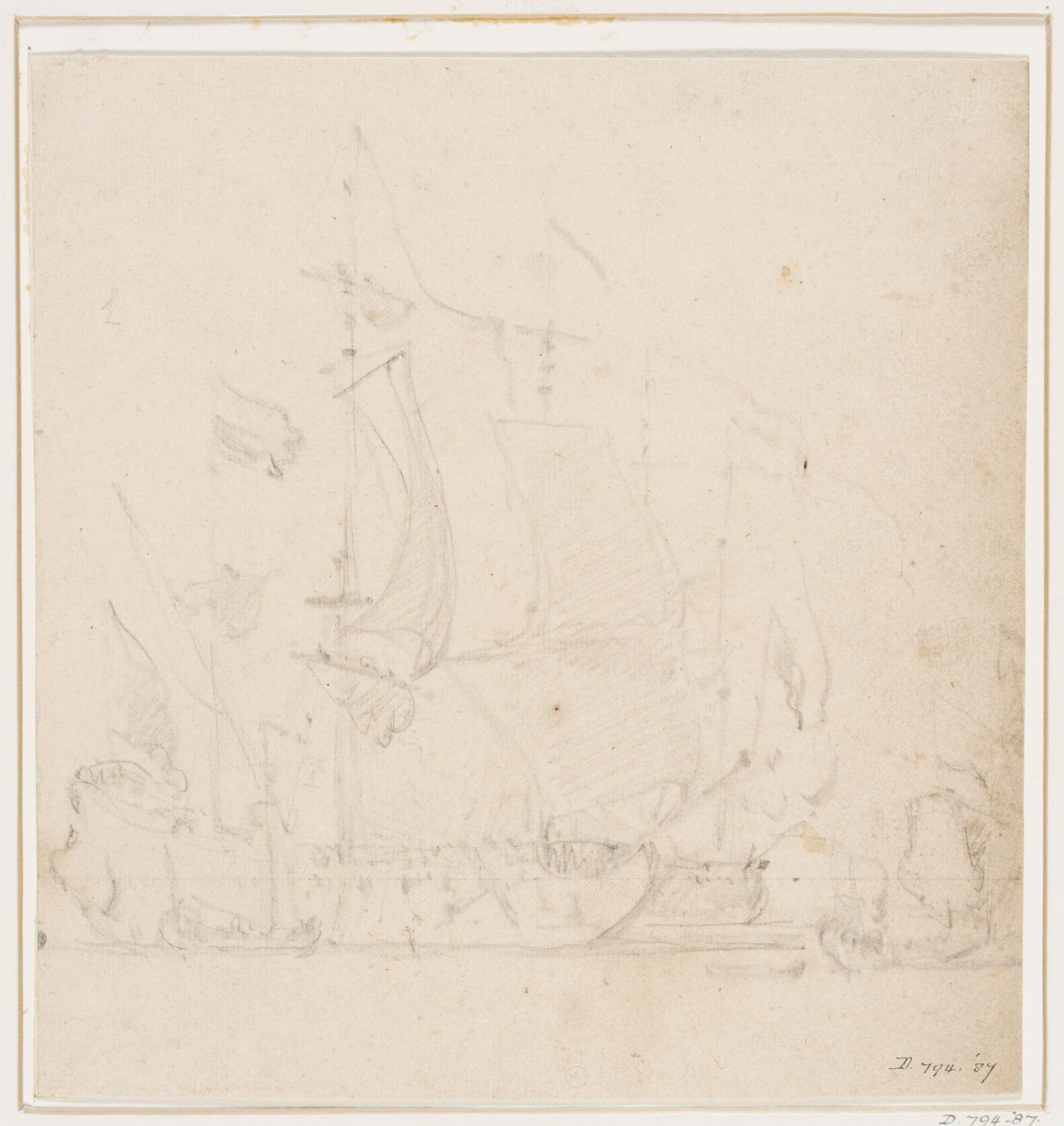 Rough sketch of a flagship before a light breeze, willem van de velde, 17th century