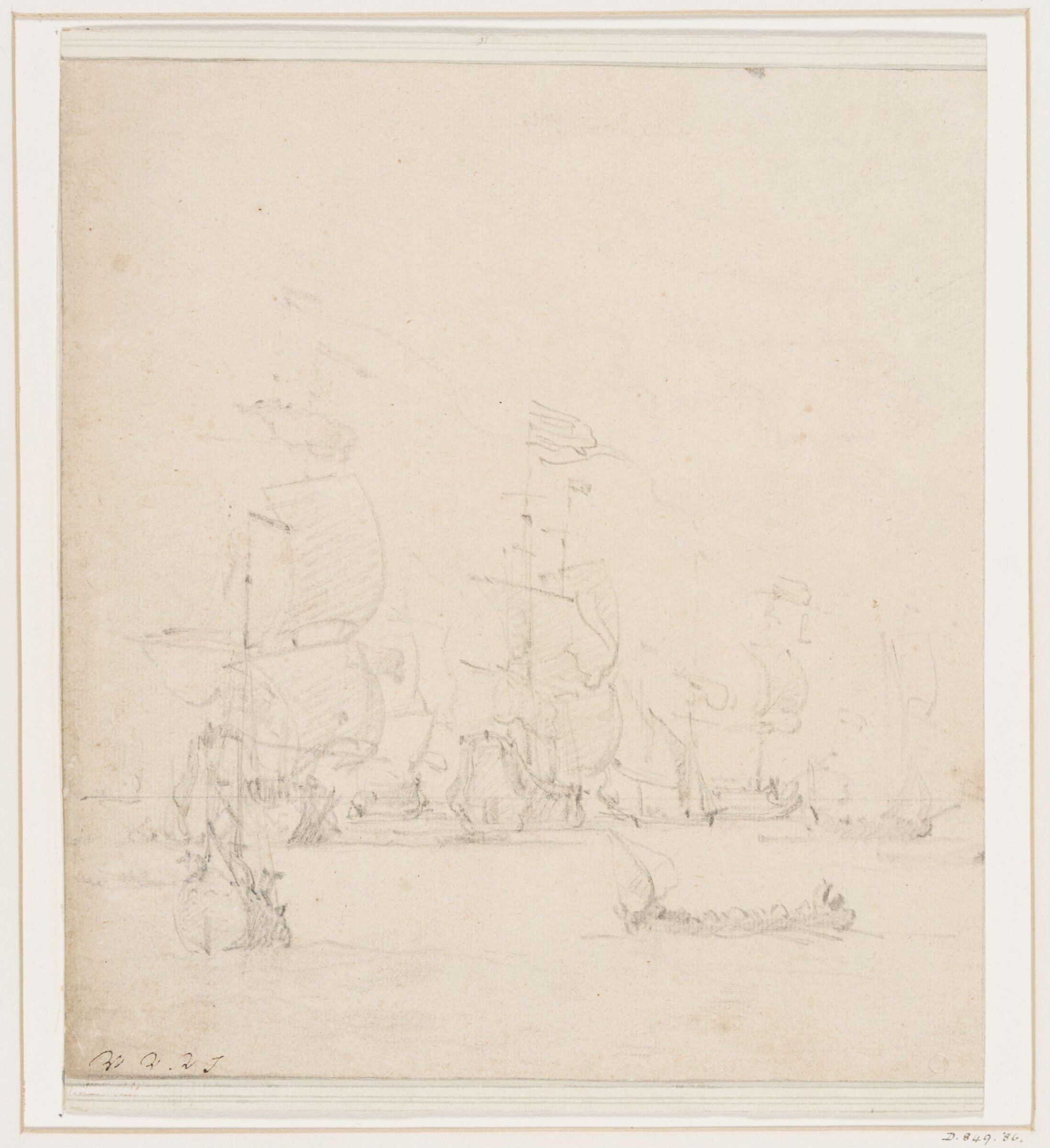 A yacht with two Dutch ships and other vessels in the background, Willem van de velde, seventeenth century