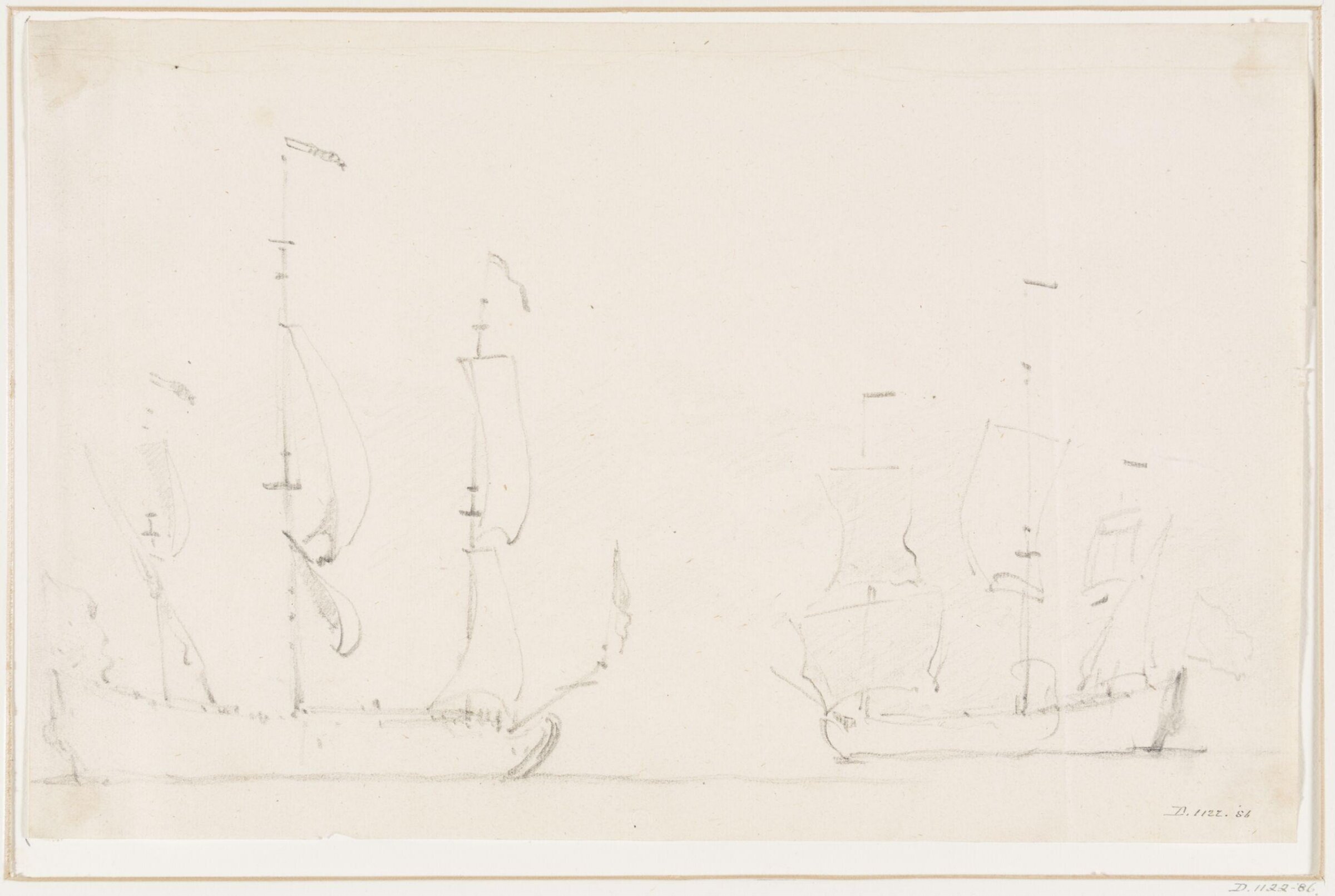 Rough sketch of two ships under sail, Willem van de velde, 17th century